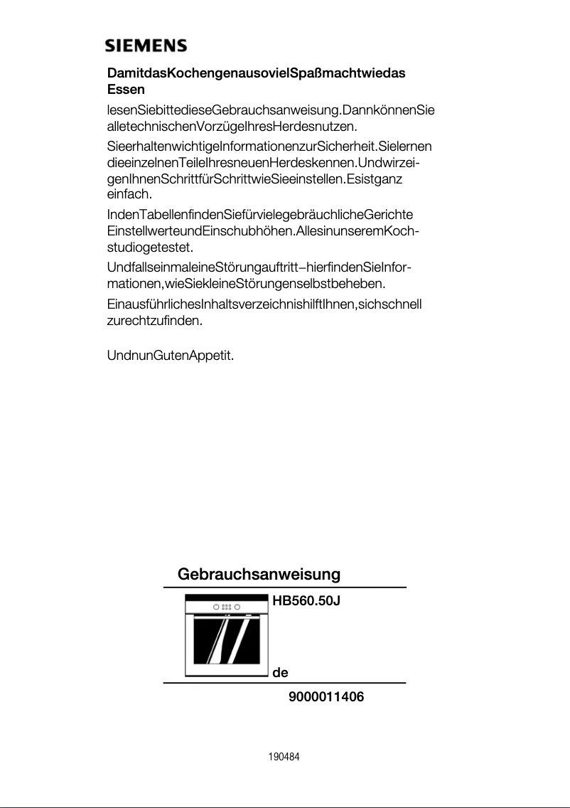 Page 1 of the manual User Manual Siemens HB560750J