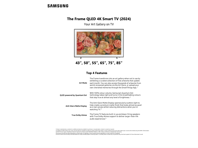 Page 1 of the manual Technical Sheet Samsung QA55LS03DAW