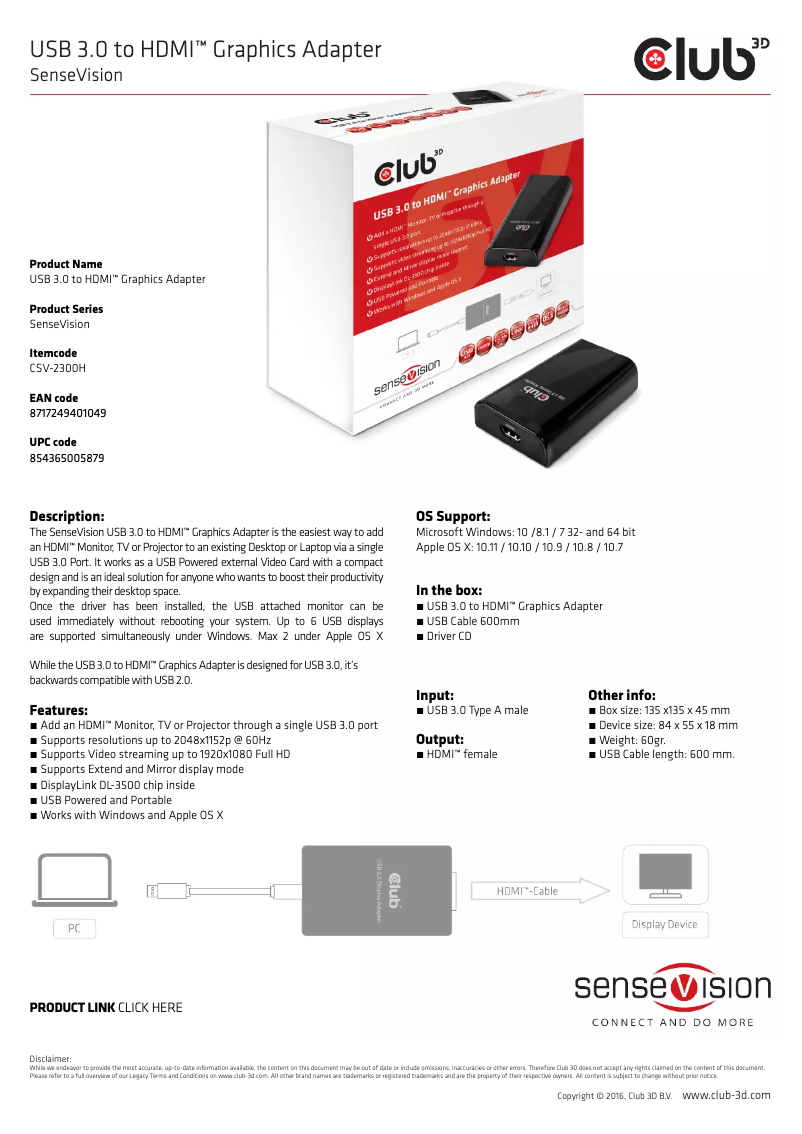 Page 1 de la notice Manuel utilisateur CLUB3D SenseVision USB3.0 to HDMI Graphics Adapter
