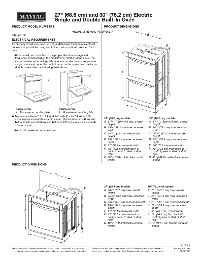 Page 1 of the manual Technical Sheet Maytag MEW9627FZ