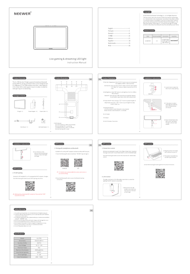 Page 1 of the manual User Manual Neewer GL1