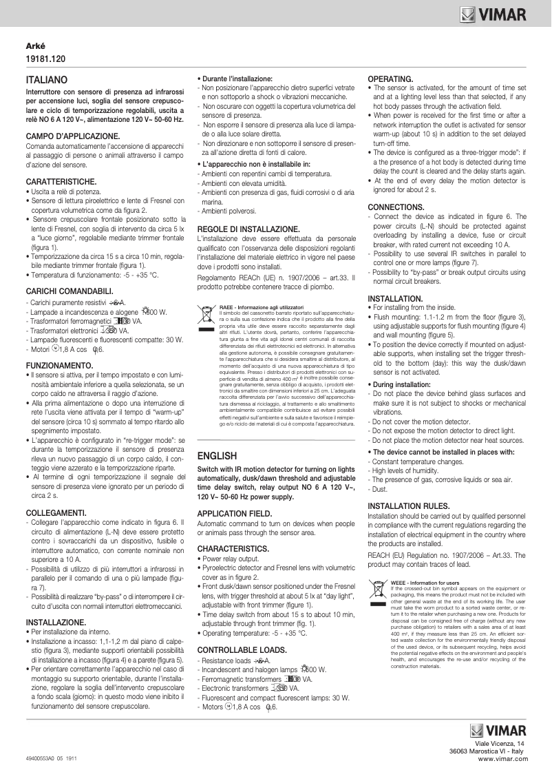 Page 1 of the manual User Manual Vimar 19181.120.B