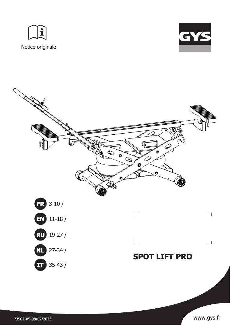 Image de la première page du manuel de l'appareil Spot Lift PRO