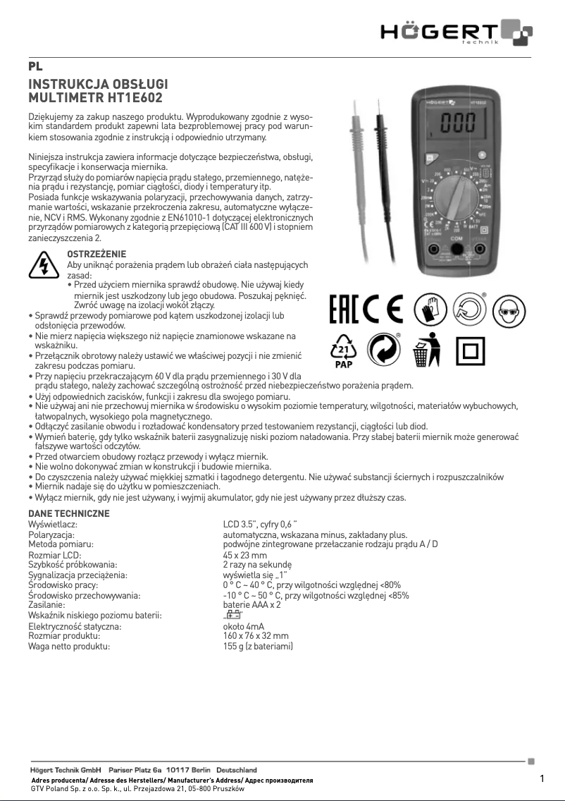 First page image of the manual for HT1E602