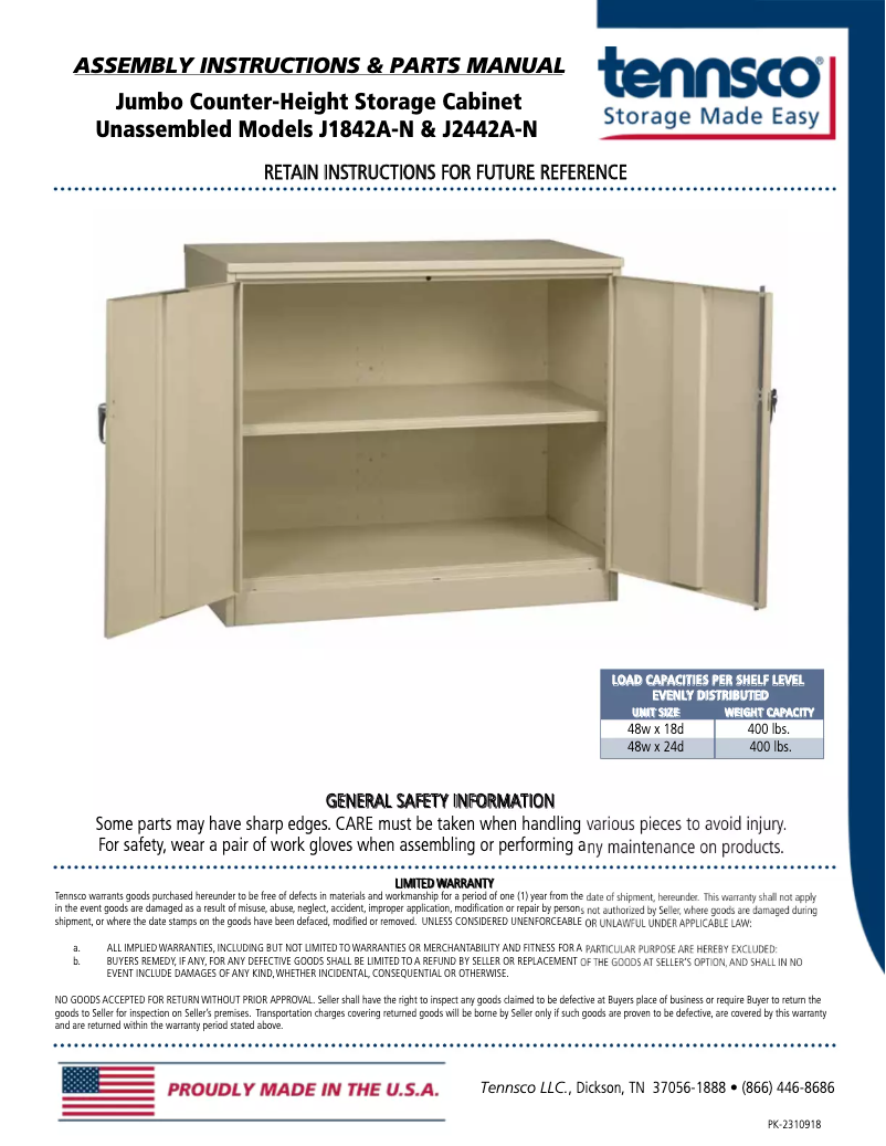 Page 1 of the manual User Manual Tennsco J1842A-SND