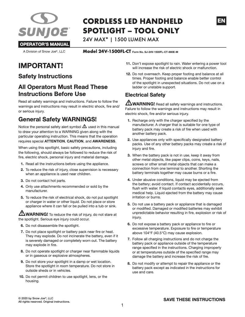 Page 1 of the manual User Manual Sun Joe 24V-1500FL-CT