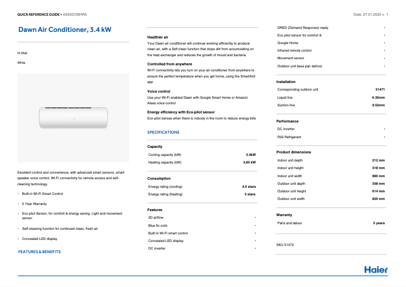 First page image of the manual for AS35DCBHRA