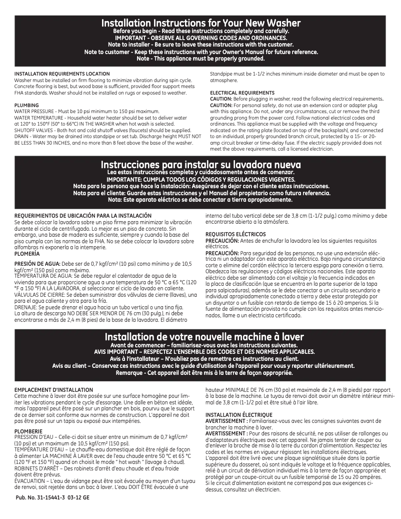 Page 1 of the manual Installation Guide GE GCWN5050MWS