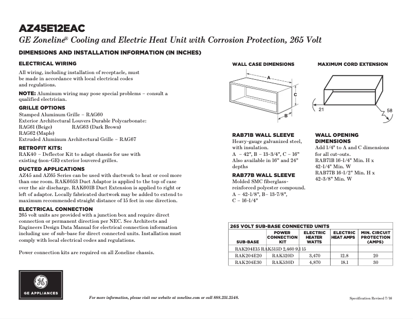 Page 1 of the manual Technical Sheet GE AZ45E12EAC