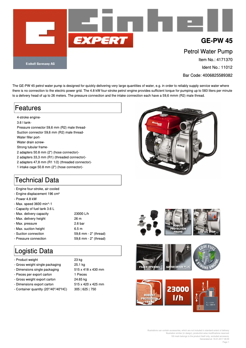 Page 1 of the manual Technical Sheet Einhell GE-PW 45