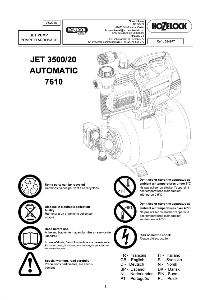 Page 1 of the manual User Manual Hozelock Jet 3500/20 Automatic