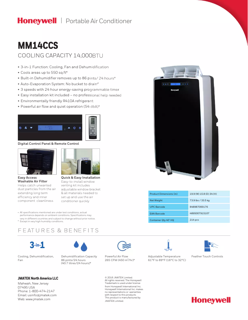 Page 1 of the manual Technical Sheet Honeywell MM14CCS