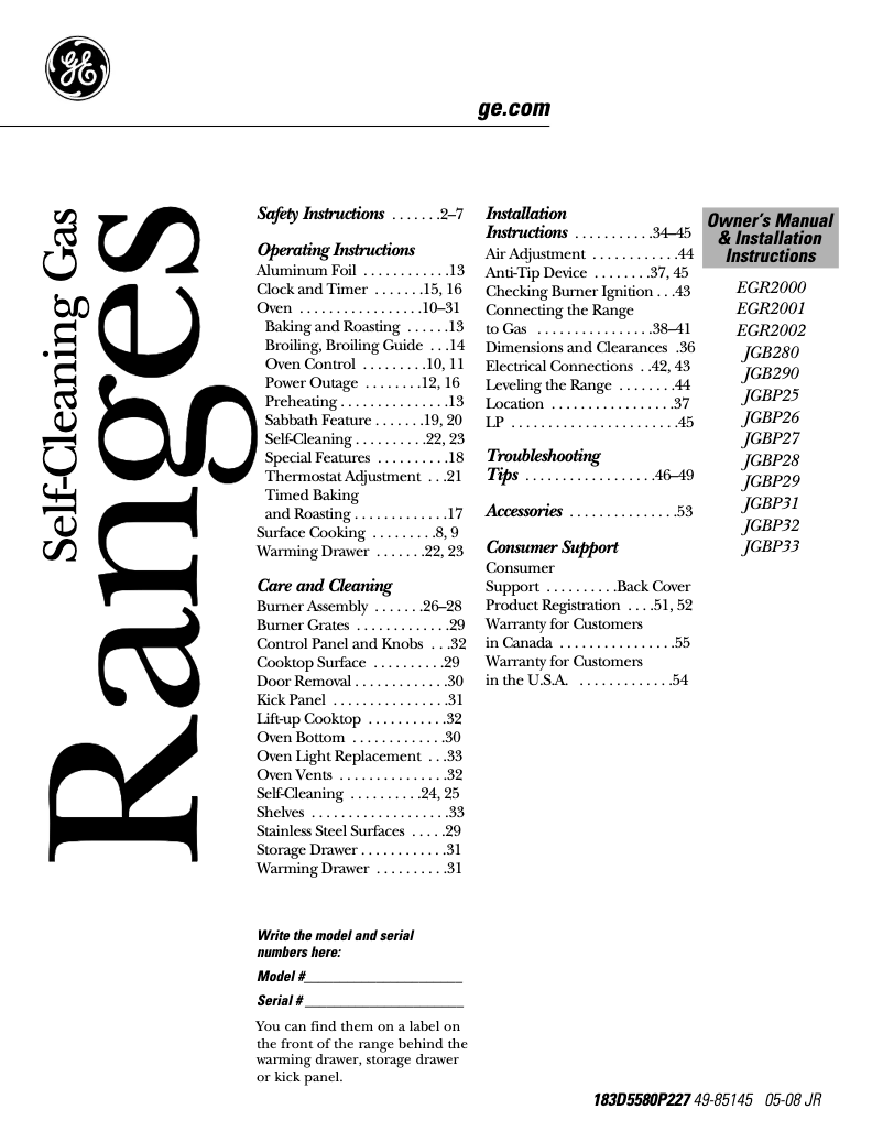Page 1 of the manual Use and Maintenance Manual GE JGBP32SEMSS