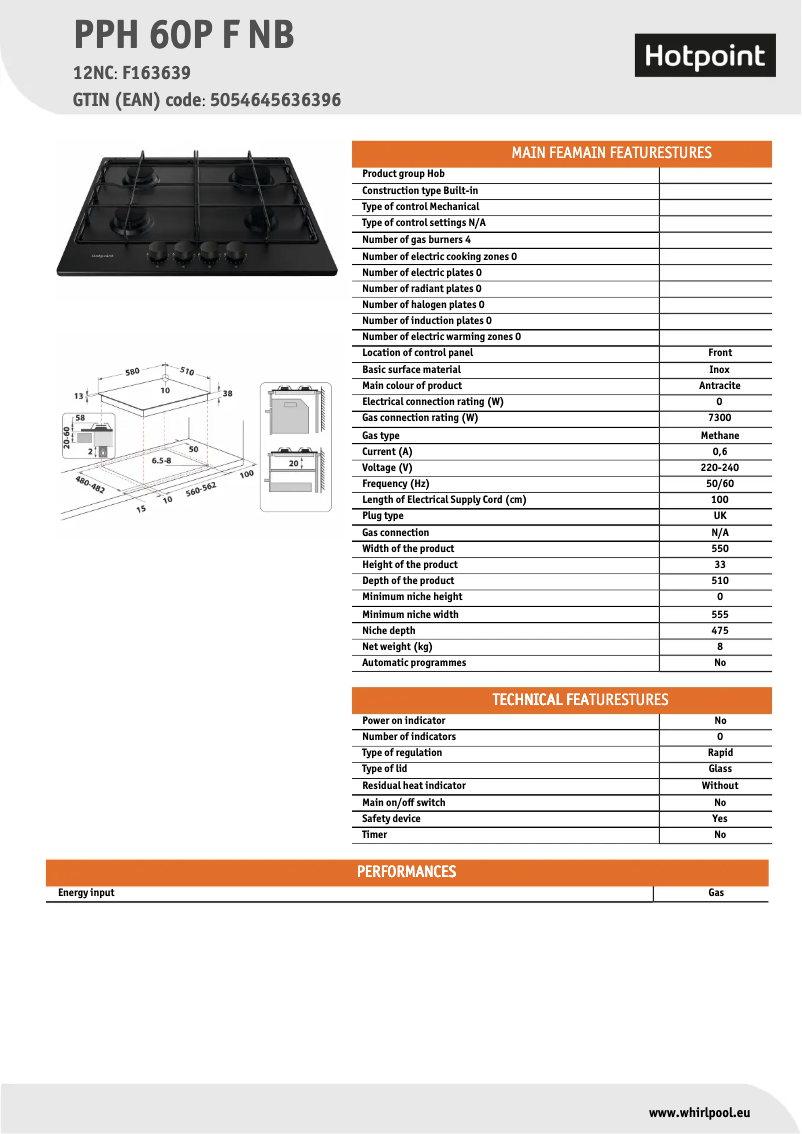 Page 1 of the manual Technical Sheet Hotpoint PPH 60P F NB