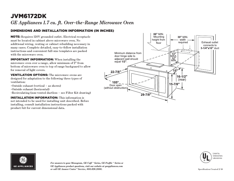 Page 1 of the manual Technical Sheet GE JVM6172DKWW