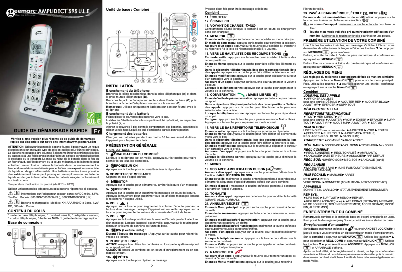 Page 1 of the manual Quick Start Guide Geemarc AmpliDect 595 U.L.E