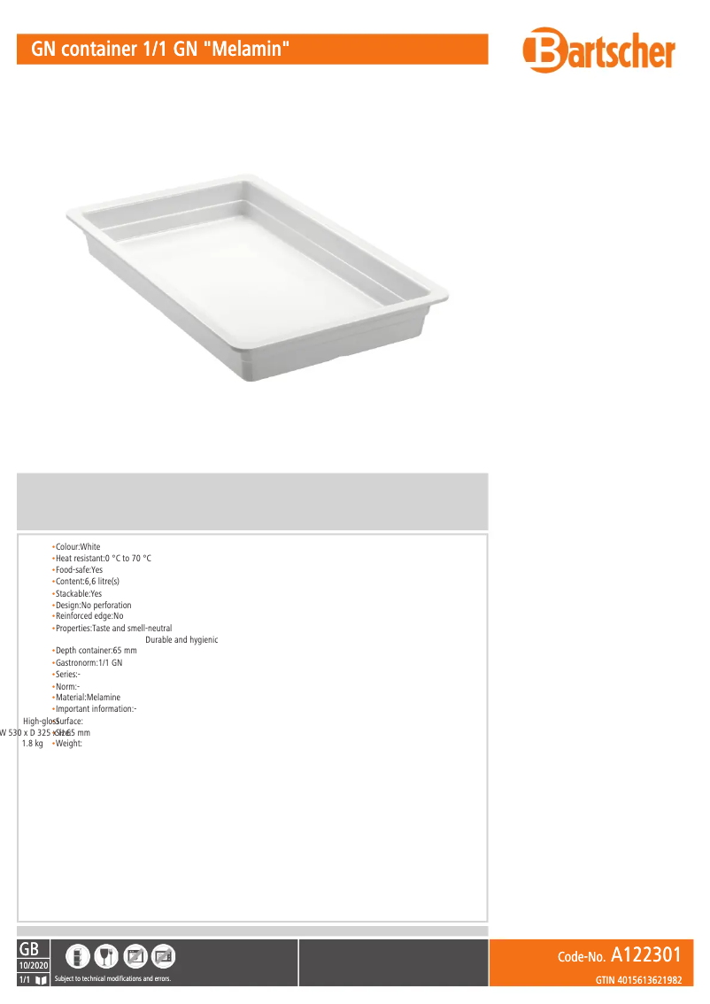 Page 1 of the manual Technical Sheet Bartscher A122301