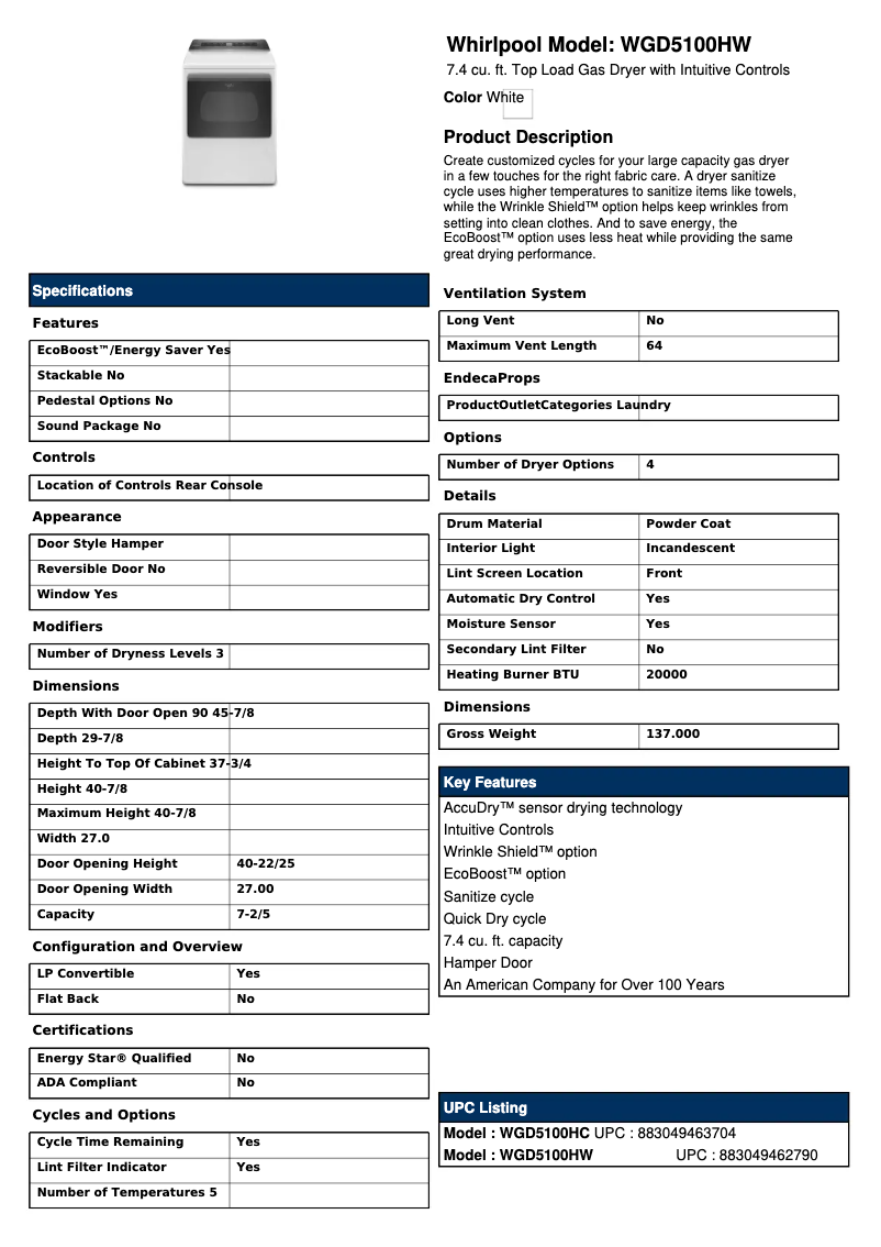 Page 1 of the manual Technical Sheet Whirlpool WGD5100HC
