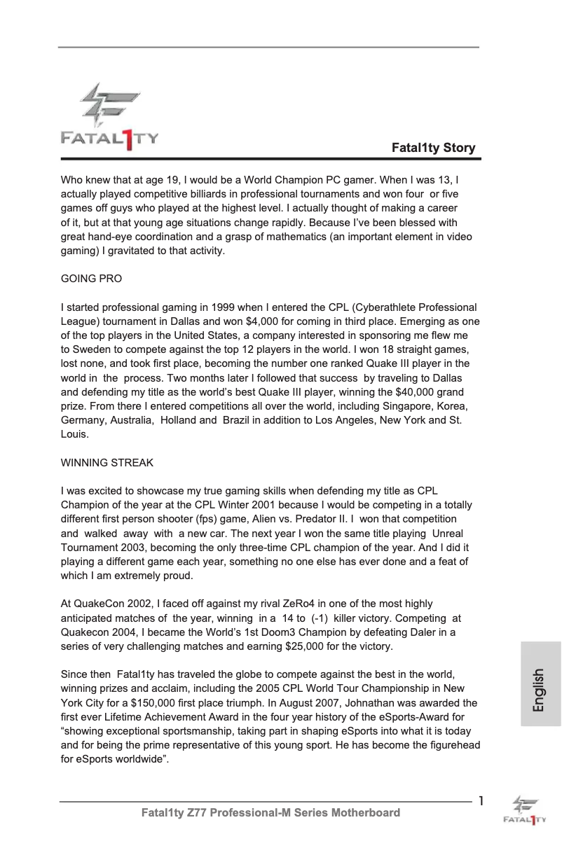 Image de la première page du manuel de l'appareil Fatal1ty Z77 Professional-M