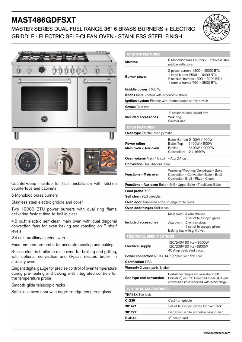 Page 1 of the manual Technical Sheet Bertazzoni MAST486GDFSXT