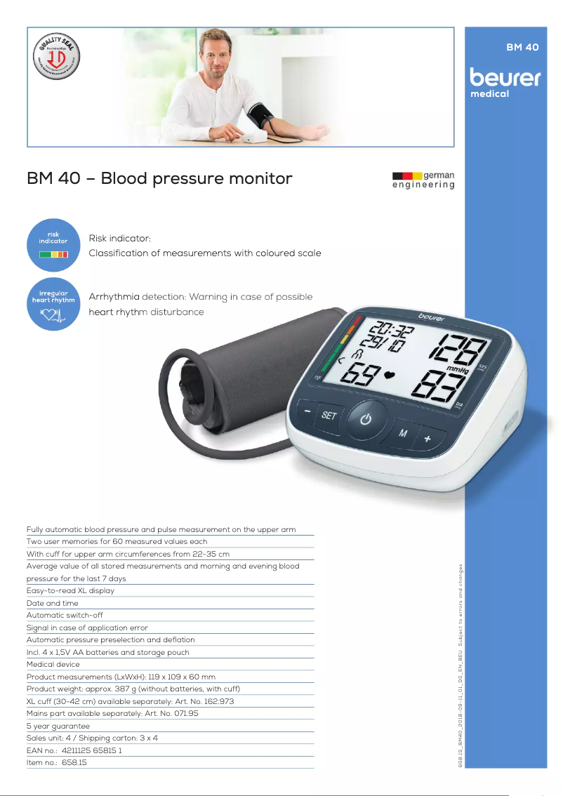 Page 1 of the manual Technical Sheet Beurer BM 40