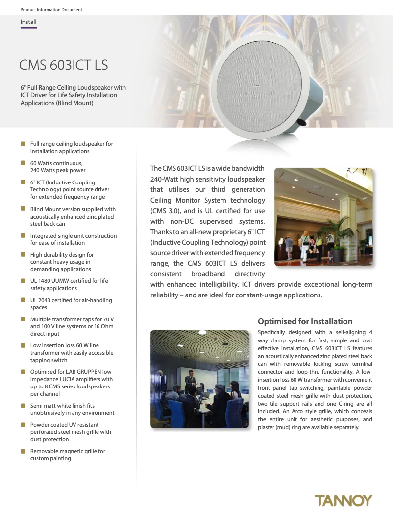 Page 1 of the manual Technical Sheet Tannoy CMS 603ICT LS