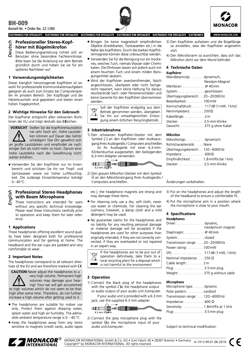 Page 1 of the manual User Manual Monacor BH-009