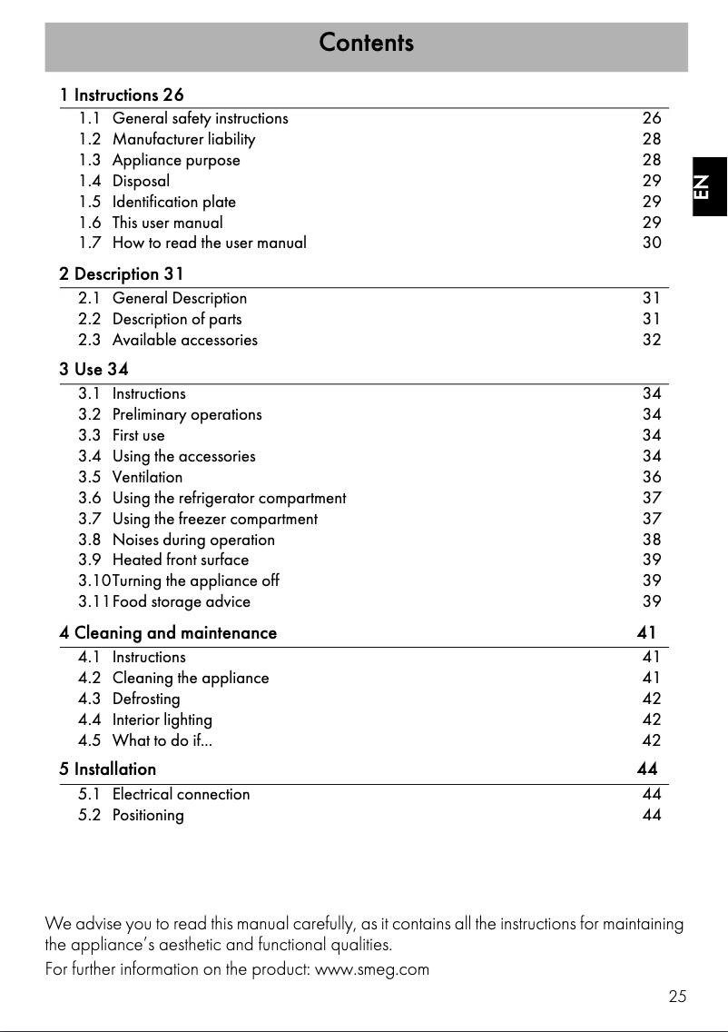 Page 1 of the manual Instruction Manual Smeg FAB28LPB3
