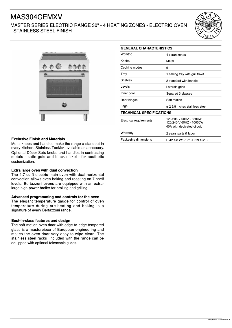 Page 1 of the manual Technical Sheet Bertazzoni MAS304CEMXV