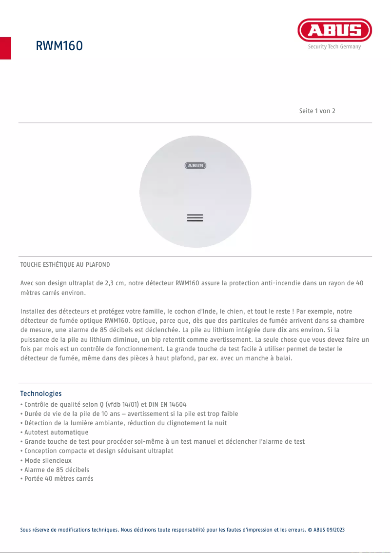 Page 1 de la notice Fiche technique Abus RWM160