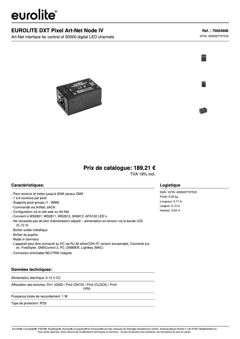 Page 1 of the manual Technical Sheet Eurolite DXT Pixel Art-Net Node IV