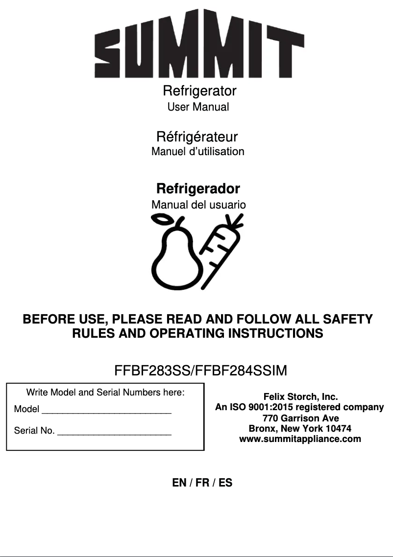 Page 1 of the manual User Manual Summit FFBF283SS