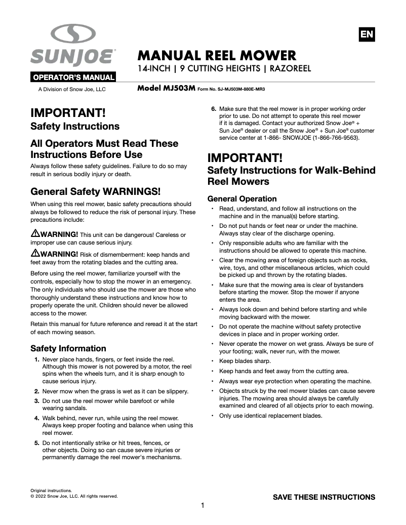 Page 1 of the manual User Manual Sun Joe MJ503M