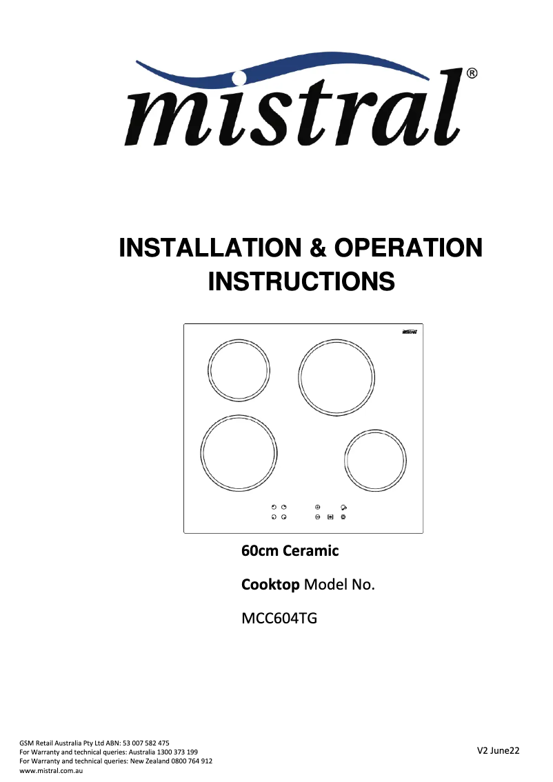 Page 1 of the manual User Manual Mistral MCC604TG
