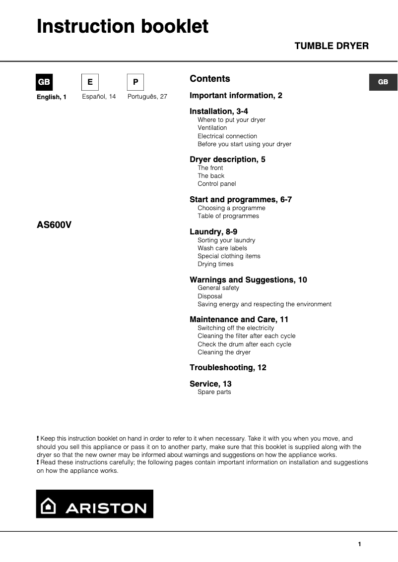 First page image of the manual for AS 600 V