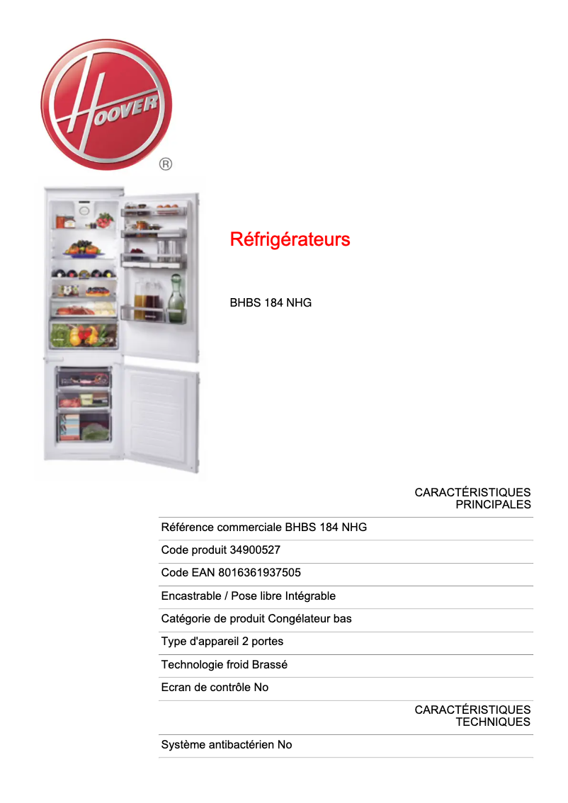 First page image of the manual for H-FRIDGE 500 BHBS 184 NHG