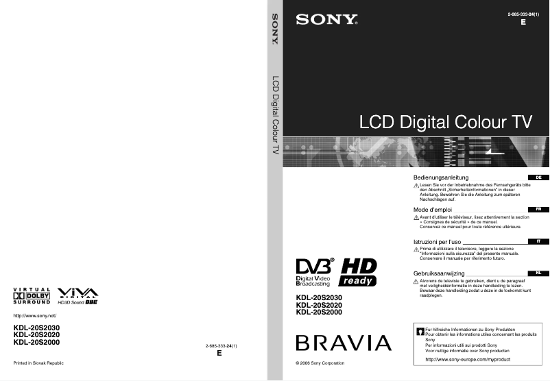 First page image of the manual for Bravia KDL-20S2030