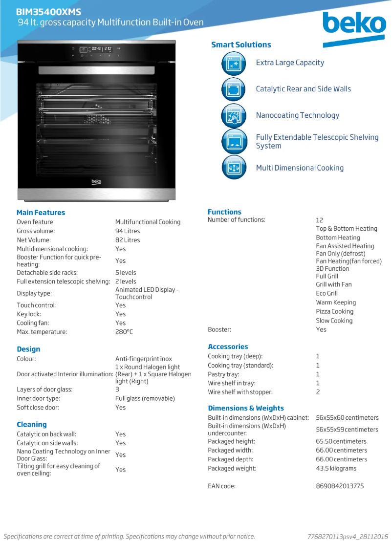 Page 1 of the manual Technical Sheet Beko BIM35400XMS