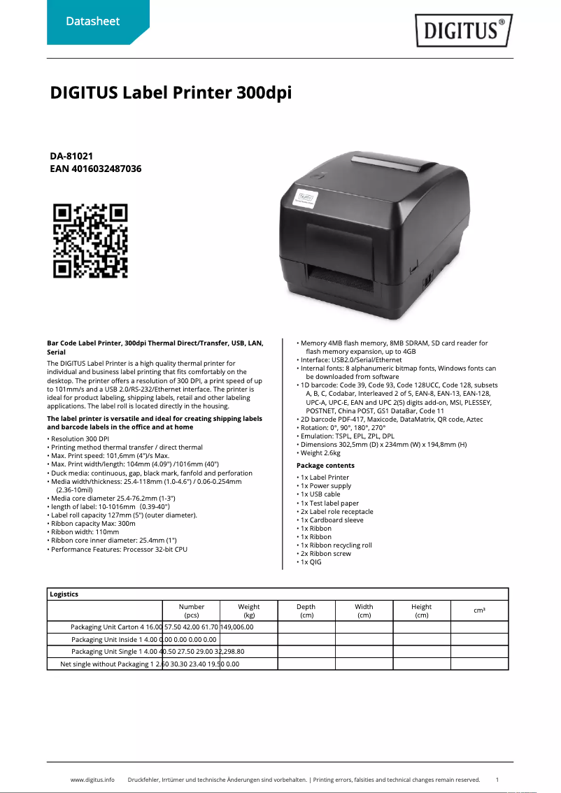 Page 1 of the manual Technical Sheet Digitus DA-81021