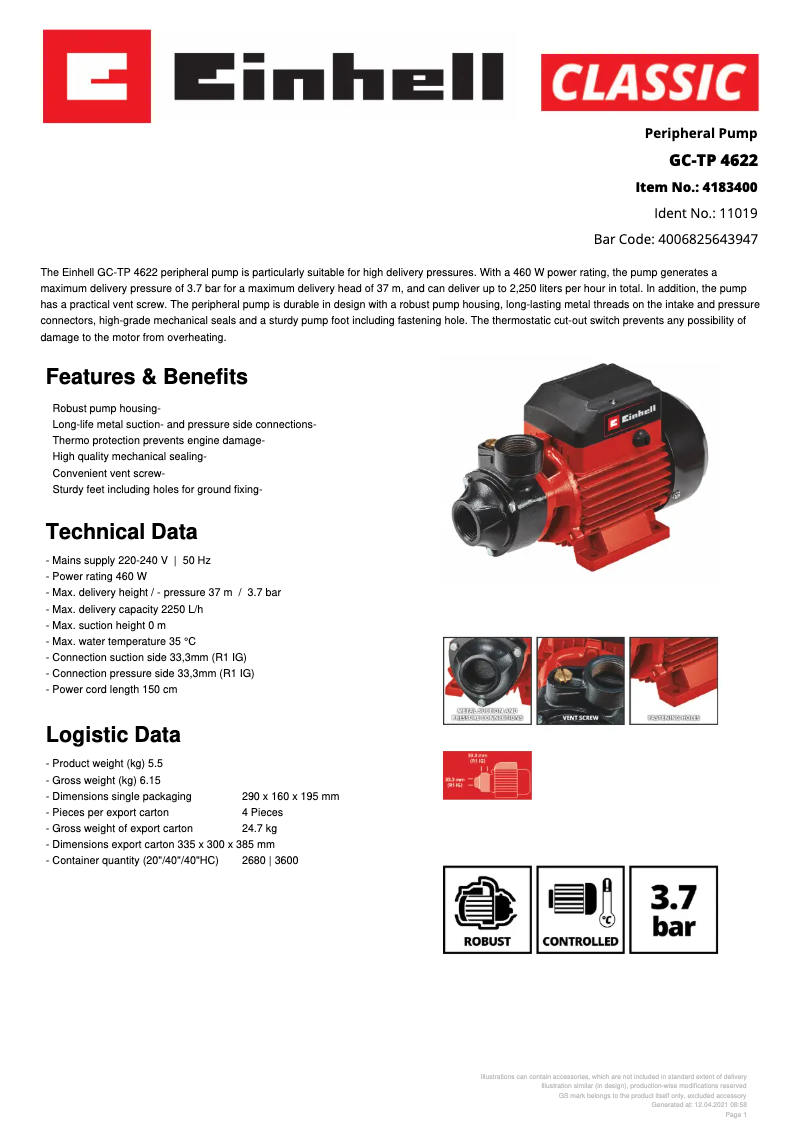Page 1 of the manual Technical Sheet Einhell GC-TP 4622