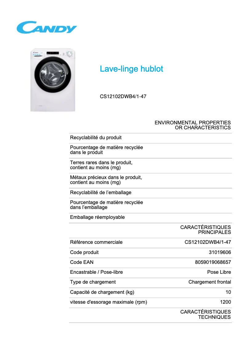 Page 1 of the manual Technical Sheet Candy CS12102DWB4/1-47