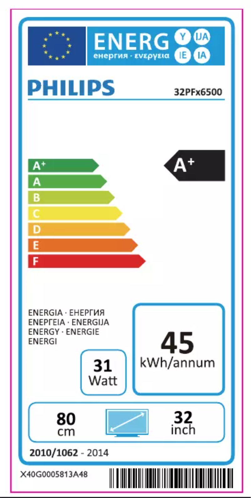 Page 1 de la notice Label énergétique Philips 6500 series 32PFK6500