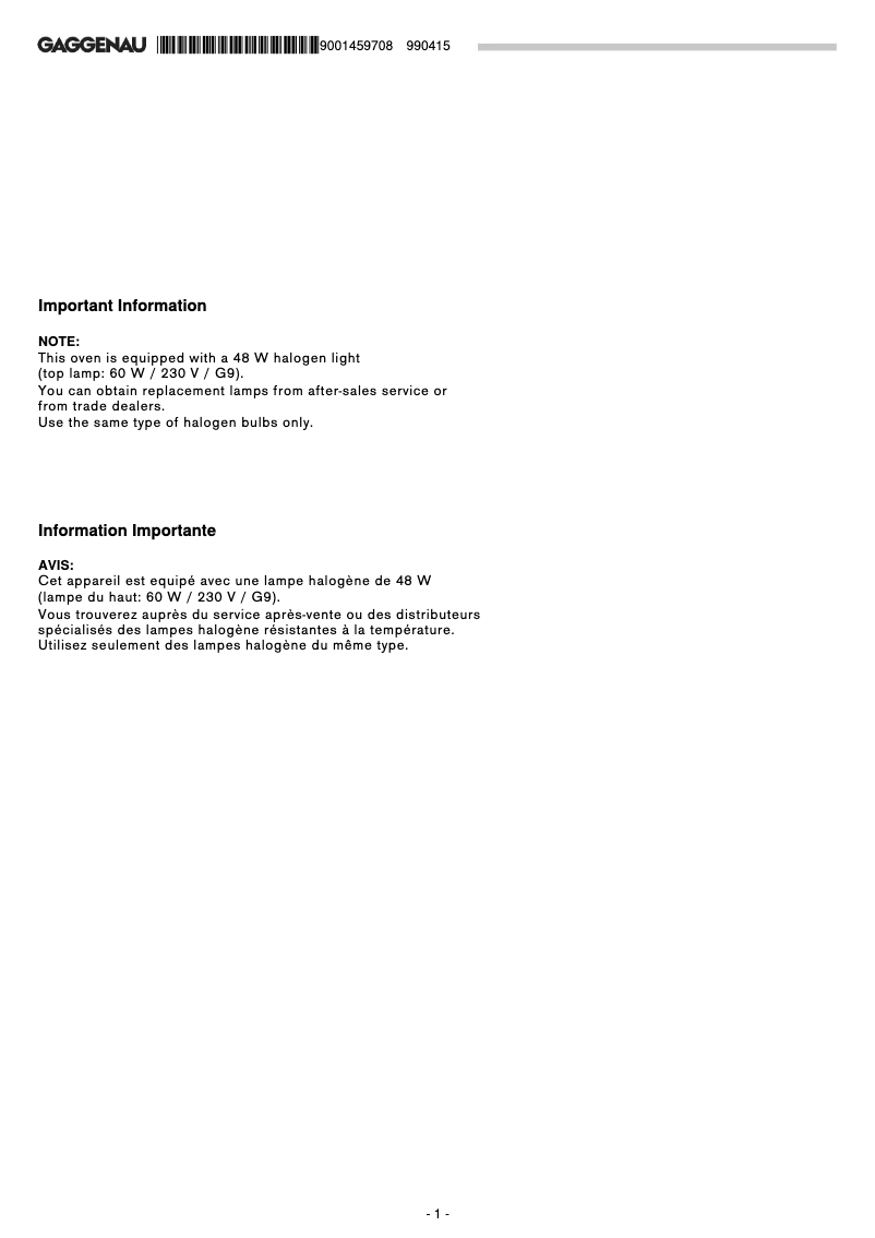 Page 1 of the manual Use and Maintenance Manual Gaggenau BO480611