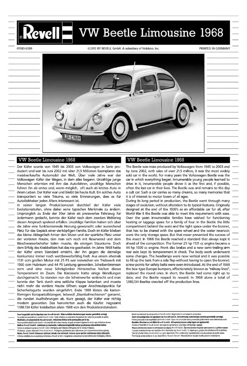 First page image of the manual for VW Beetle Limousine 1968
