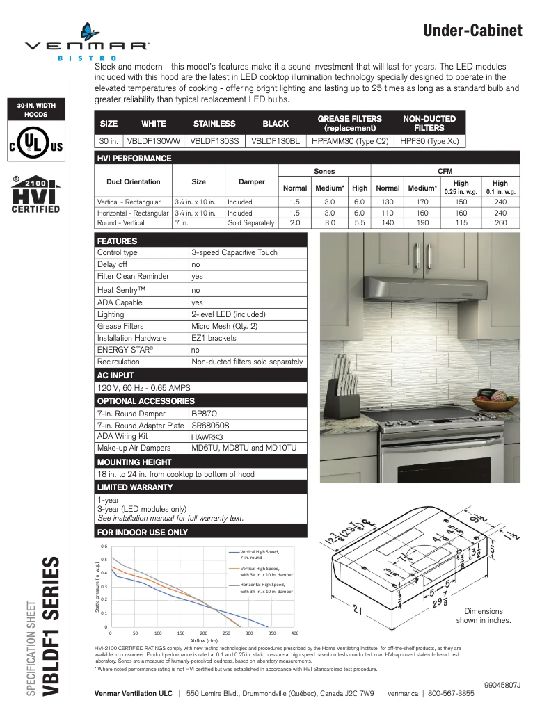 Page 1 of the manual Technical Sheet Venmar Bistro VBLDF130SS