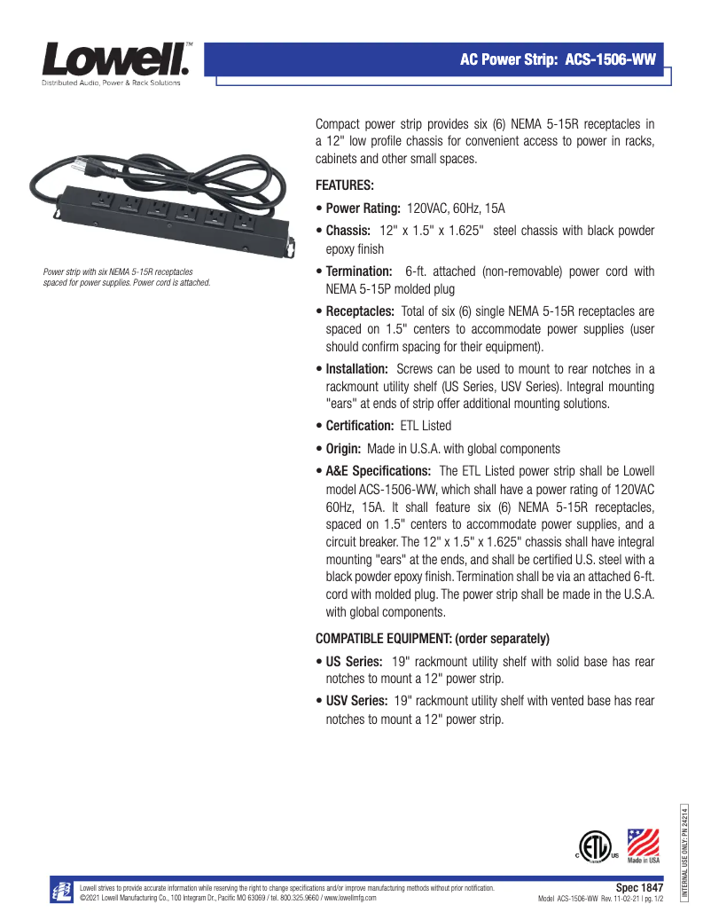 Page 1 of the manual User Manual Lowell ACS-1506-WW