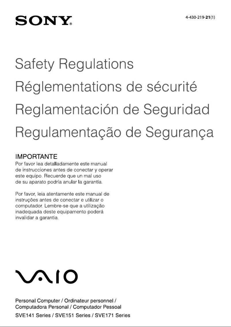 Page 1 of the manual Safety Instructions Sony Vaio SVE14116FXW
