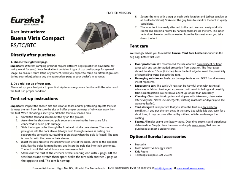 Page 1 de la notice Manuel utilisateur Eureka Buena Vista Compact