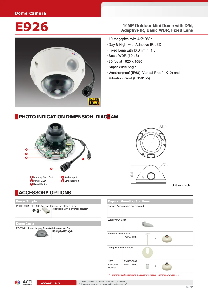 Page 1 of the manual Technical Sheet ACTi E926