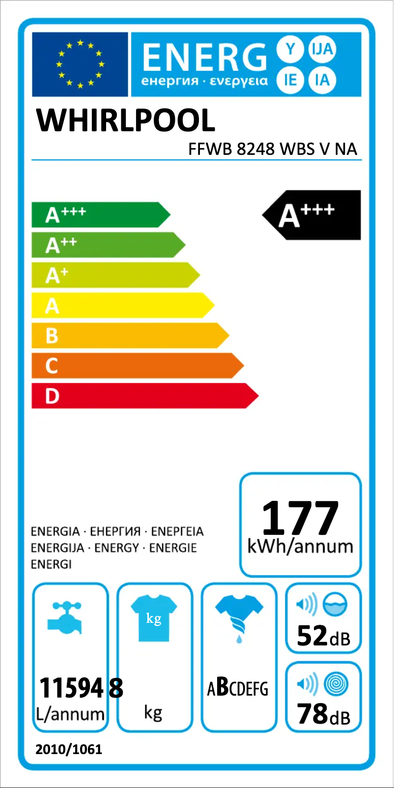 Page 1 of the manual Energy Label Whirlpool FFWB 8248 WBS V NA